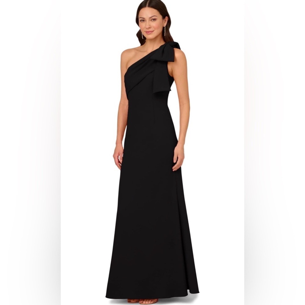 Adrianna Papell Women's Stretch Crepe Long Dress - Size 8 - One Shoulder Bow